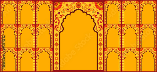 Schilderij op canvas Set of windows Beautiful Arch small and Big Design with Indian Rajasthani fort and Culture
