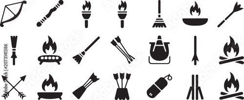 Bild auf Leinwand Primitive survival equipment icons featuring archery gear torches campfires and ancient tools for wilderness adventure and hunt