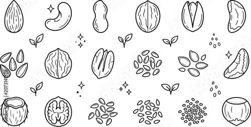 Fotografie Edible nuts and healthy seeds line icon set featuring almond walnut peanut pista