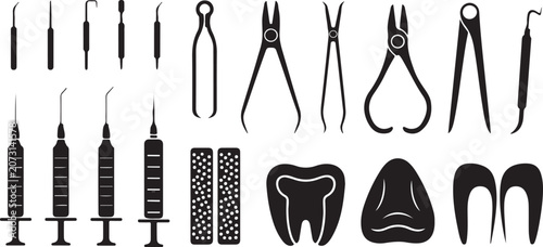 Quadro su tela Professional dental tools and medical instrument silhouettes for clinical practice including syringes and tooth decay models
