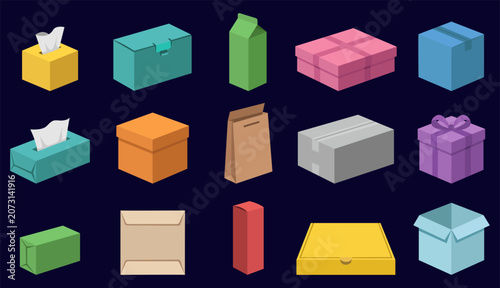 Modern isometric box vector illustration collection, colorful 3D product packaging mockups set including gift, mail shipping parcels, paper bags and containers for delivery service.