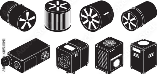 Bild auf Leinwand Industrial machinery silhouettes set featuring ventilation fans filters HVAC equipment motors and technical building components