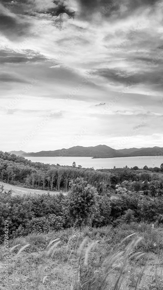 Fototapeta premium Aerial drone shot of Phuket’s countryside featuring tropical forests and small villages