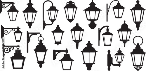 Cuadro en lienzo Collection of decorative street lamps and outdoor lighting fixtures in black silhouette isolated on gray checkered background