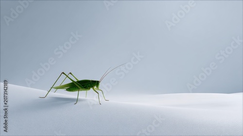 Green Insect Crawling on Soft White Surface Against Light Background