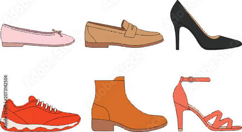 Foto Fashion footwear collection showing ballerina slippers loafers pumps sports sneakers boots sandals stylish female shoe styles