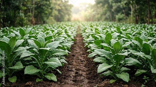 Rows of lush green tobacco plants growing in a fertile field