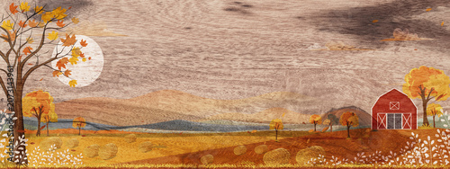 Autumn Landscapes on Wood Texture Background. Horizontal Fall Forest in Countryside, Farm Field, Mountains with Orange foliage. Harvest festival banner, Thanksgiving fansy card
