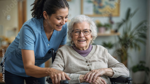 Smiling senior woman in wheelchair with female caretaker in nursing home. Both women look happy, showing care, companionship, support