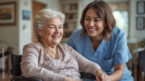 Kind care worker leans close beside an elderly woman. Her eyes glow with joy and gratitude. Comfort and compassion fill the quiet room. Ideal for senior care