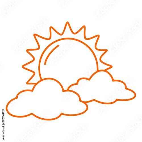 A bold orange outline illustration of a sun and clouds on a white background. Doodle