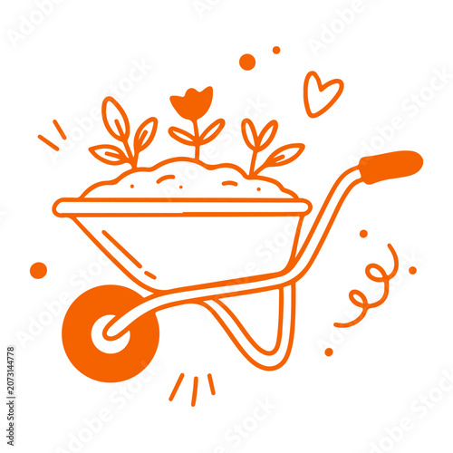 A simple orange line drawing of a wheelbarrow filled with soil and small plants on a white background. Doodle