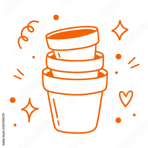 A minimalist orange line drawing of a stack of three nested flower pots with decorative elements on a white background. Doodle