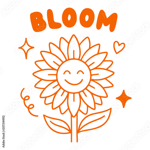 Simple flat illustration of a smiling sunflower with the word bloom in bubbly font. Doodle