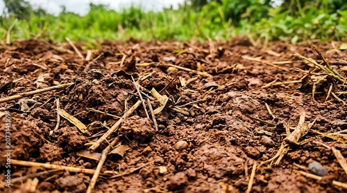 Closeup of tilled agricultural soil with straw and organic matter