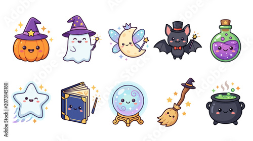 Schilderij op canvas Halloween icons featuring smiling pumpkin, ghost, moon, bat, and witchcraft item