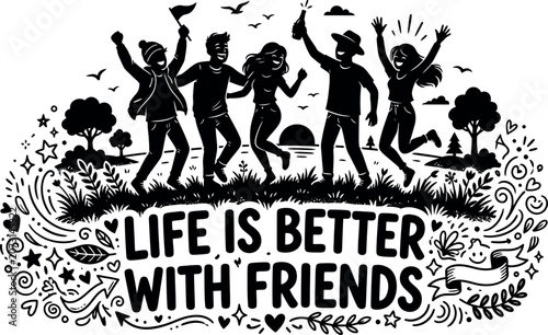 Friendship day celebration group of friends jumping with joy in a hand drawn illustration