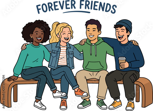 Celebrating friendship day diverse friends together on a bench illustration for social media