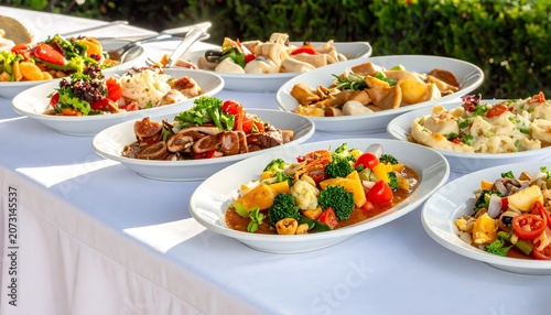 Buffet table with various dishes in white plates, ready for event