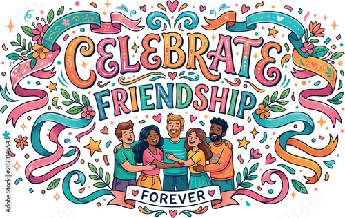 Celebrate friendship day diverse friends hugging in colorful hand drawn illustration