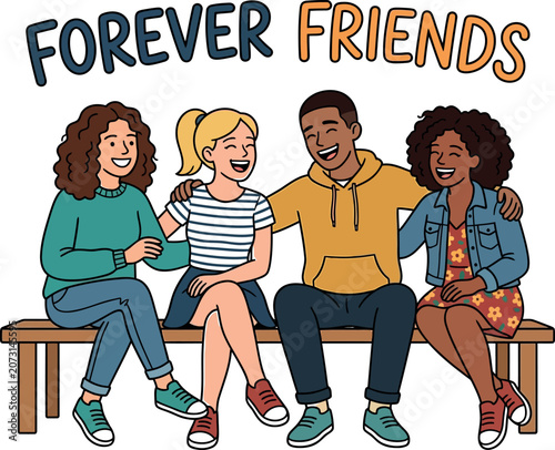 Celebrating friendship day diverse friends together on a bench illustration