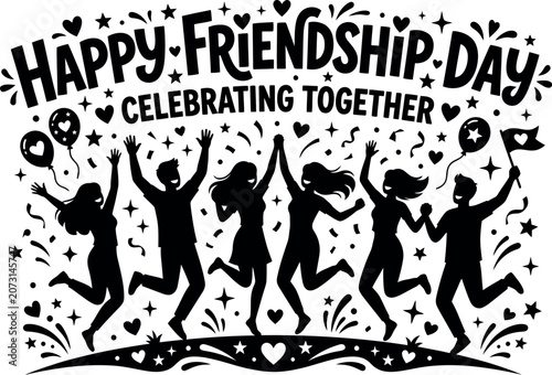 Happy friendship day illustration diverse friends celebrating together with balloons and festive elements
