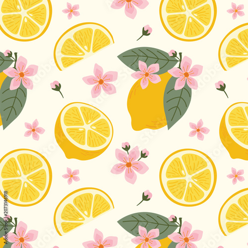Canvas Print Lemon with Pink Blossoms Seamless Pattern