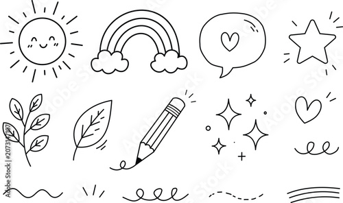 ute line drawn doodle icons set on white background, hand drawn elements with sun rainbow leaf and heart symbols collection 