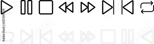 Black and white media player control icons set, play pause stop button collection isolated on white background for app design