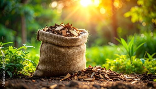 Burlap sack filled with wooden mulch, bathed in sunlight