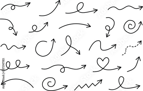 Collection of hand drawn arrows isolated on white background, sketchy doodle arrow set with curved lines and swirl elements