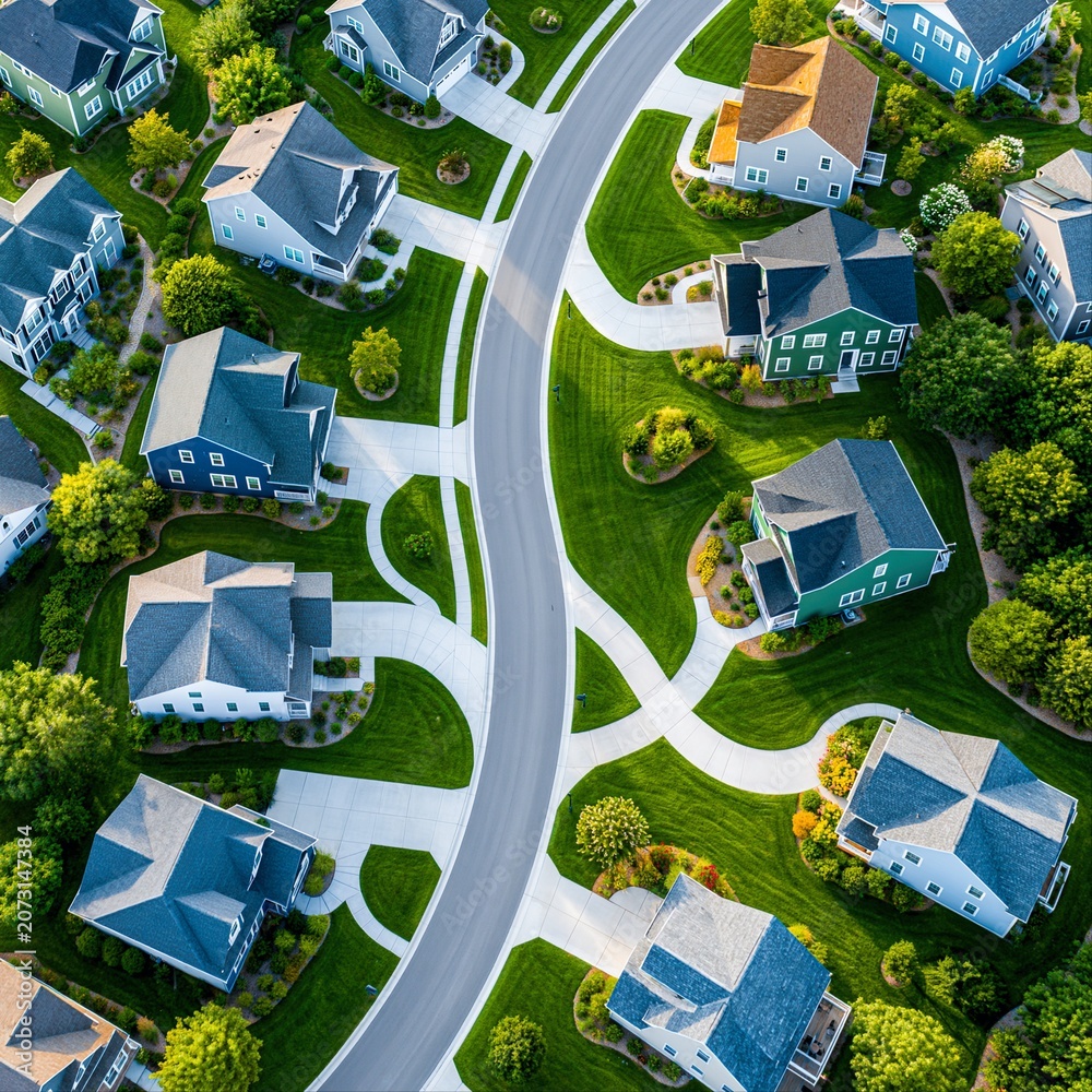 Fototapeta premium View of suburban neighborhood with curved roads and houses in the daytime