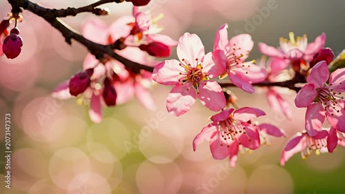 Close up of pink cherry blossoms on spring branch.