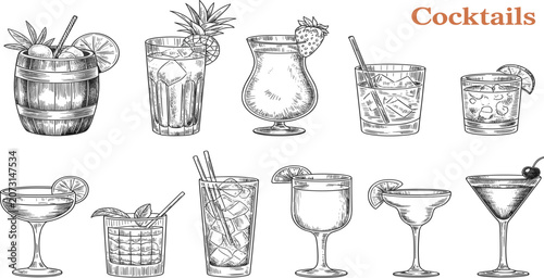 Foto Hand-drawn sketch illustrations of ten different cocktail drinks with garnishes