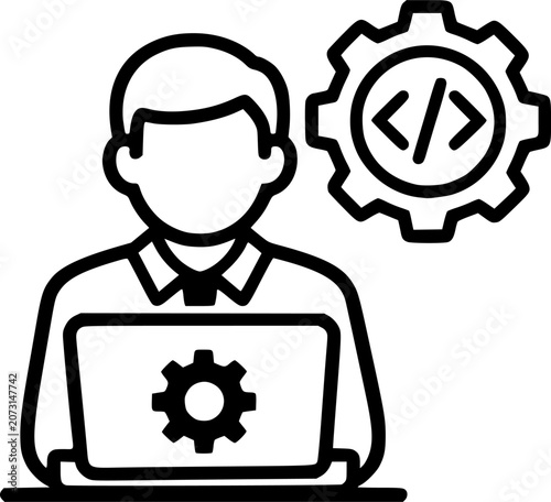 Software Developer Working on Laptop with Code Gear Outline Illustration