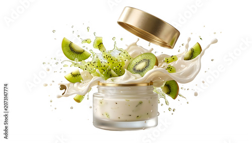 Kiwi slices and cream splashing out of a glass jar with gold lid isolated on transparent background