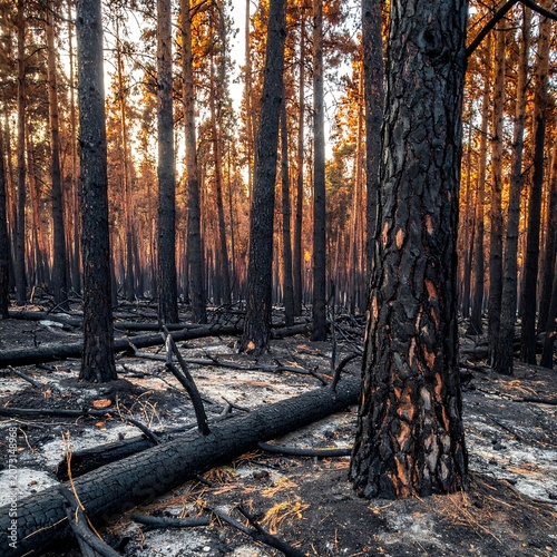 Burnt forest after a wildfire, with tall trees silhouetted