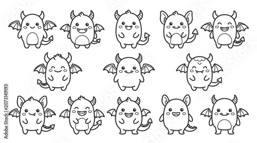 Fotografie Cute cartoon demons with wings and horns are standing and smiling in various poses and expressions