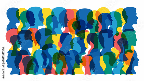 Tableau sur toile Overlapping human head silhouettes in vibrant colors against a white background