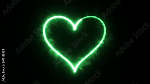 Curved green neon light trail on black background.