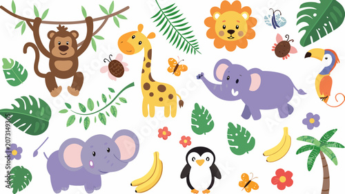 Photography Cartoon safari animals and tropical foliage illustration featuring a monkey gira