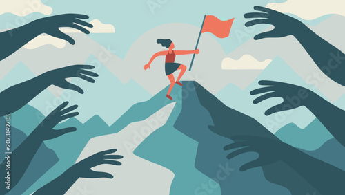 Quadro su tela Illustration of a person ascending a mountain peak surrounded by reaching hands