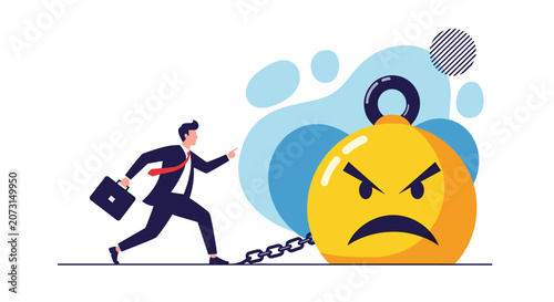 Determined businessman running forward while being held back by a heavy chain attached to a large angry yellow weight icon.