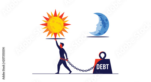 Strong individual lifting a heavy sun while being chained to a massive debt weight to balance his financial burden.