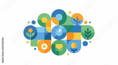A vibrant arrangement of colorful geometric shapes and plant icons