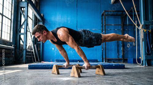 Calisthenics practitioner executing an advanced bodyweight exercise in an industrial fitness center