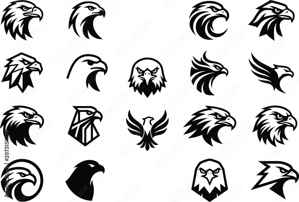 Obraz premium Collection of various eagle head logos and icons in black color