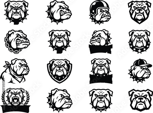 Collection of angry bulldog faces and heads in various styles and accessories