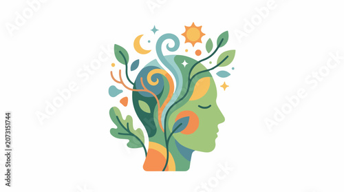 A stylized illustration of a human head with a plant growing out of it