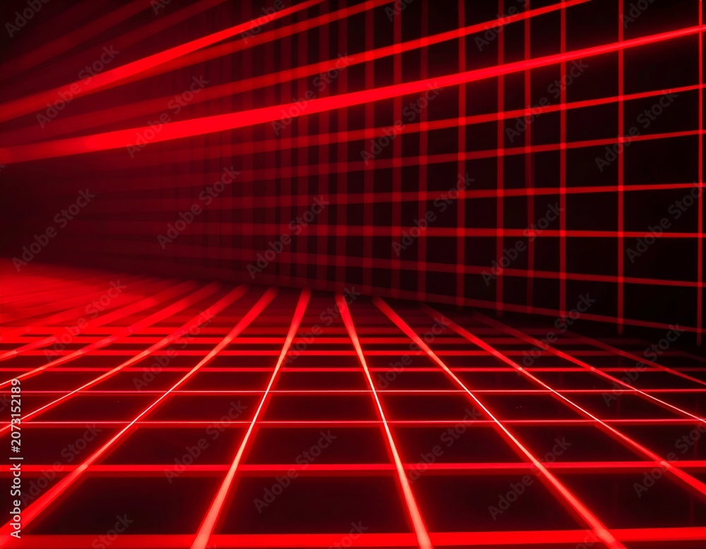 Fototapeta premium Abstract red grid background with perspective and glowing lines.